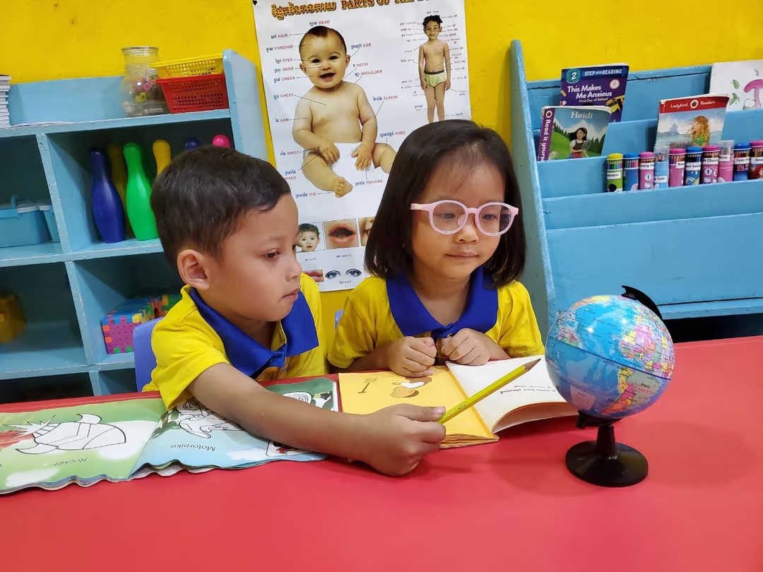 Students studying with globe